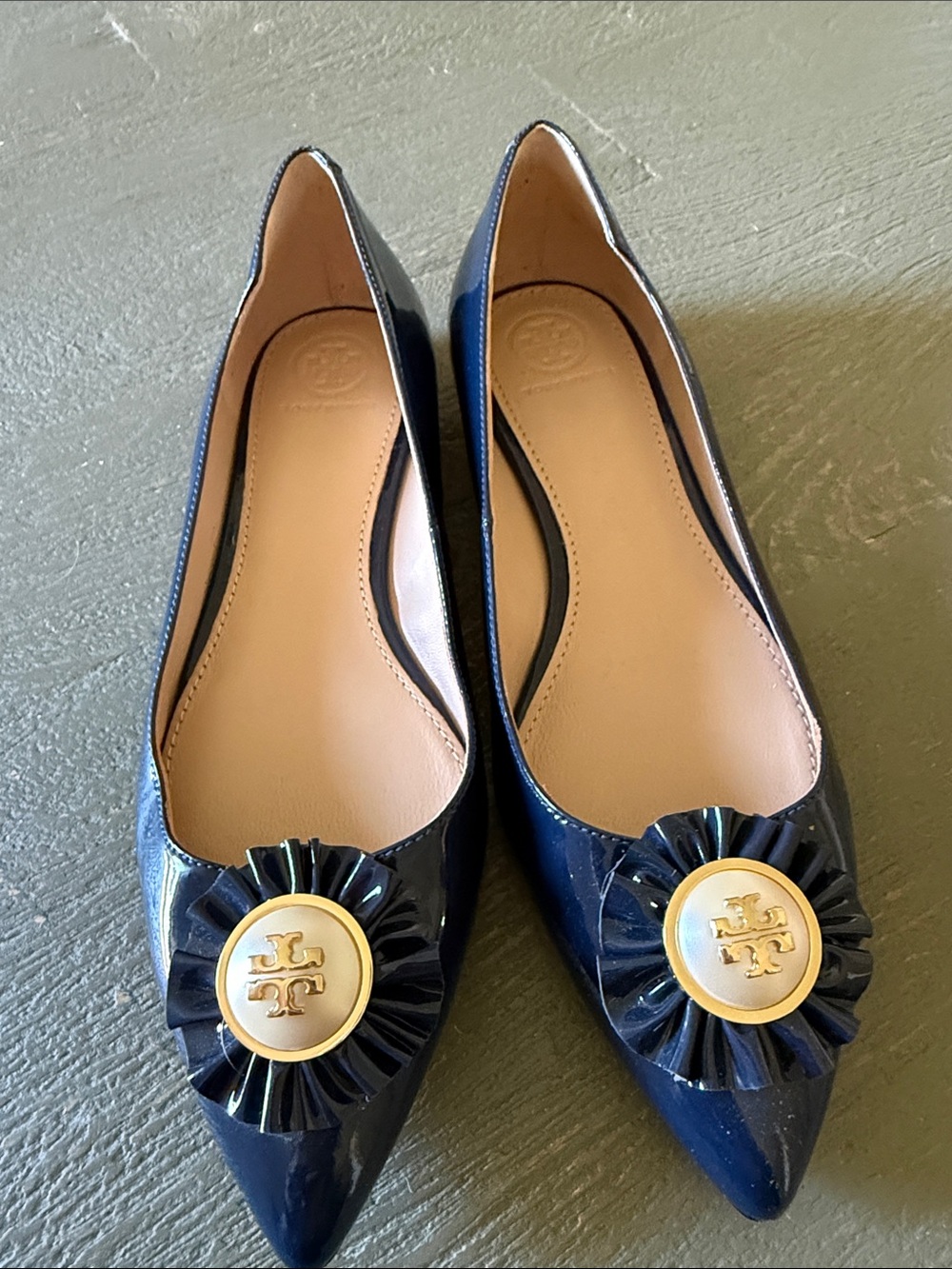Tory Burch Navy Patent Pointed-Toe Flats with Gold Emblem 7